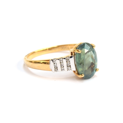 118 - An 18ct gold, alexandrite and diamond ring, the oval cut Orissa alexandrite 2.8cts and 10x7mm, the s... 