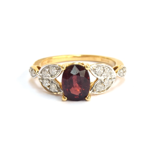 121 - An 18ct gold red spinel and diamond ring, the oval cut Burmese red spinel 1.95cts, diamonds totallin... 