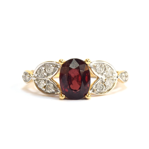 121 - An 18ct gold red spinel and diamond ring, the oval cut Burmese red spinel 1.95cts, diamonds totallin... 