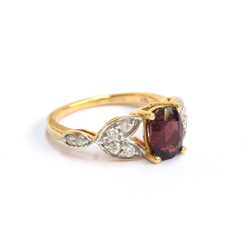 121 - An 18ct gold red spinel and diamond ring, the oval cut Burmese red spinel 1.95cts, diamonds totallin... 