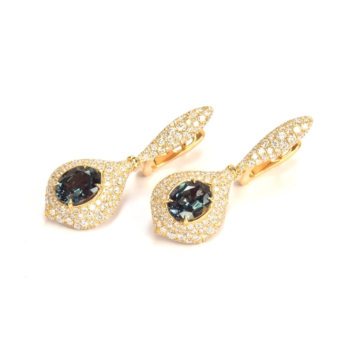 127 - A pair of Kat Florence 18ct gold, alexandrite and diamond drop earrings, the oval Portuguese-cut Rus... 