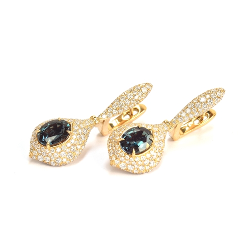 127 - A pair of Kat Florence 18ct gold, alexandrite and diamond drop earrings, the oval Portuguese-cut Rus... 