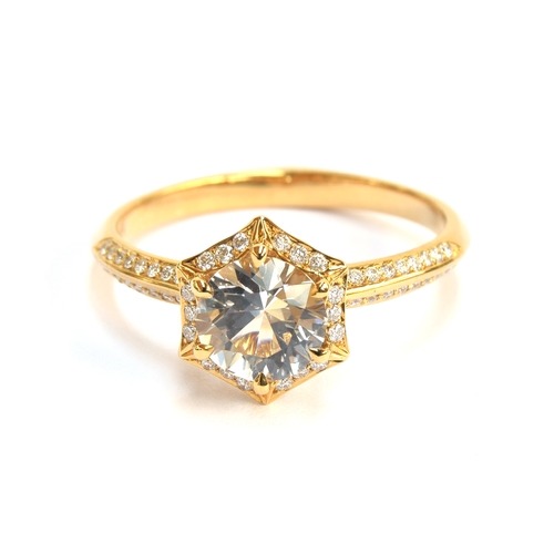 129 - A Kat Florence 18ct gold, white sapphire and diamond hexagonal cluster ring, the Ceylon white sapphi... 