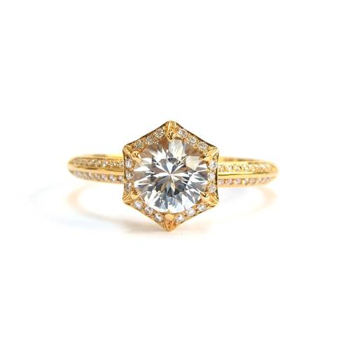 131 - A Kat Florence 18ct gold, white sapphire and diamond hexagonal cluster ring, the Ceylon white sapphi... 