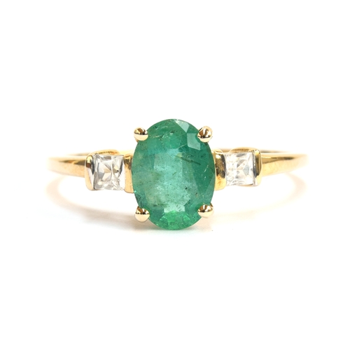 45 - A 9ct gold, emerald and white zircon ring, the Zambian emerald 1.29cts and 8.2x6.2mm, the square cut... 