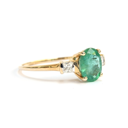 45 - A 9ct gold, emerald and white zircon ring, the Zambian emerald 1.29cts and 8.2x6.2mm, the square cut... 