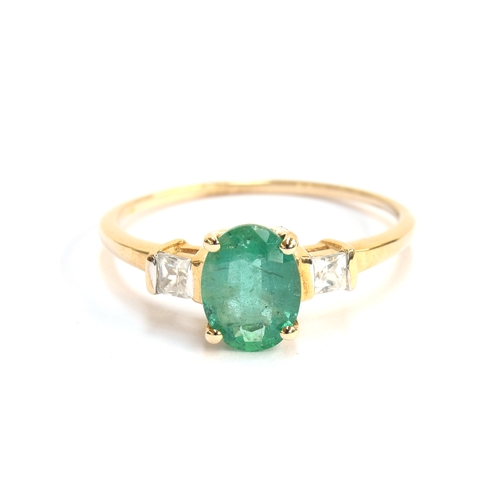 45 - A 9ct gold, emerald and white zircon ring, the Zambian emerald 1.29cts and 8.2x6.2mm, the square cut... 