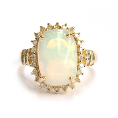 133 - A 9ct gold, opal and diamond cluster ring, the Ethiopian Welo opal 4.6cts and 10x14mm, size P, gross... 