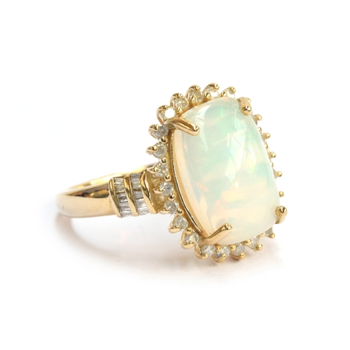 133 - A 9ct gold, opal and diamond cluster ring, the Ethiopian Welo opal 4.6cts and 10x14mm, size P, gross... 