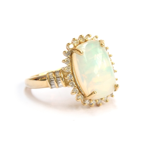 133 - A 9ct gold, opal and diamond cluster ring, the Ethiopian Welo opal 4.6cts and 10x14mm, size P, gross... 