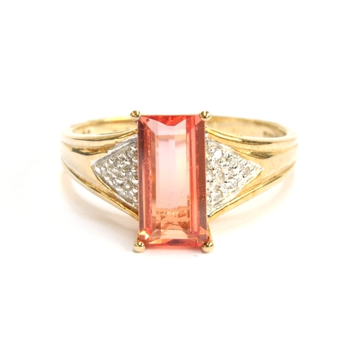 100 - A 9ct gold, padparadscha sapphire and diamond ring, the baguette cut padparadscha sapphire 1.6cts an... 