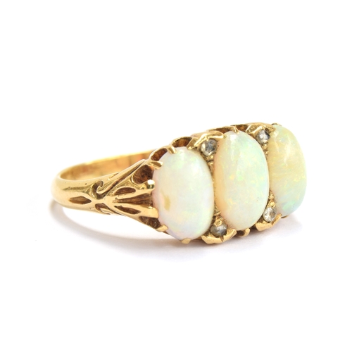 14 - A late 19th/early 20th century 18ct gold, diamond and opal three stone ring, approx. size Q, gross w... 