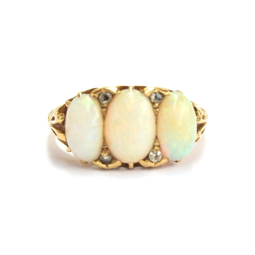 14 - A late 19th/early 20th century 18ct gold, diamond and opal three stone ring, approx. size Q, gross w... 