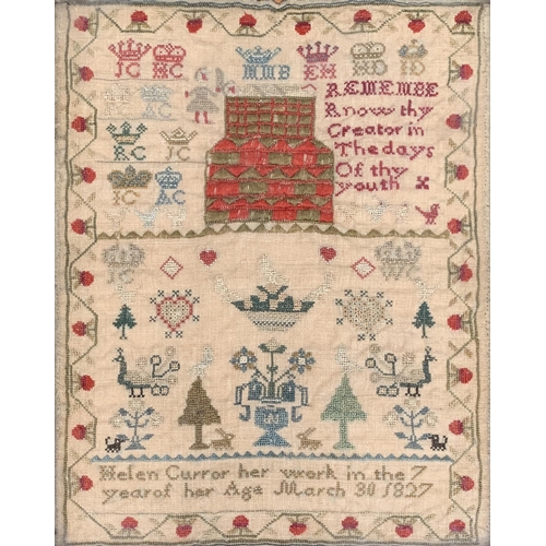 276 - A 19th century needlework verse sampler worked by Helen Curror 1827, 'Know thy creator in the days o... 