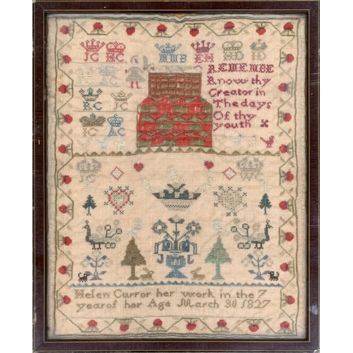 276 - A 19th century needlework verse sampler worked by Helen Curror 1827, 'Know thy creator in the days o... 