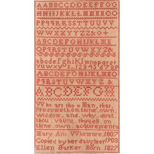 277 - An unusual Edwardian alphabet and verse sampler: 'Mary Ann Whitmore, 1807, copied by her daughter 19... 