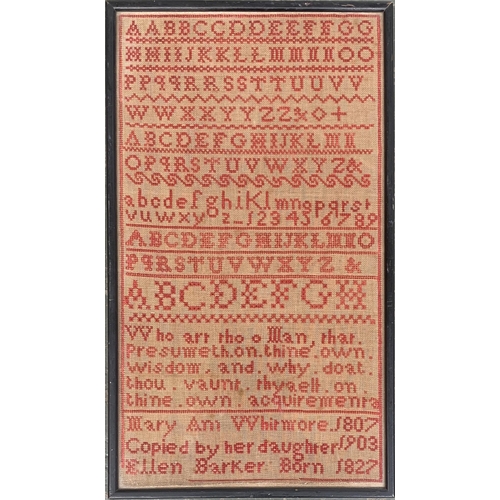 277 - An unusual Edwardian alphabet and verse sampler: 'Mary Ann Whitmore, 1807, copied by her daughter 19... 