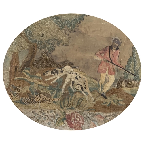 278 - A Georgian woolwork depicting a man wildfowling with two dogs, 30.5x36cm