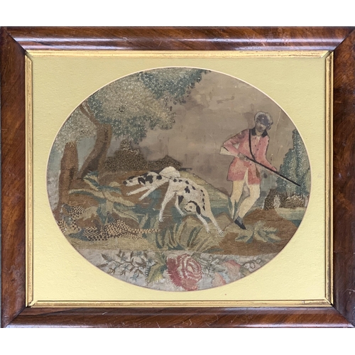 278 - A Georgian woolwork depicting a man wildfowling with two dogs, 30.5x36cm