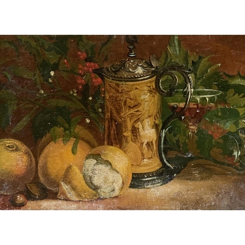 326 - A 20th century still life depicting tankard, holly, oranges and mistletoe, oil on board, 19.5x26.5cm