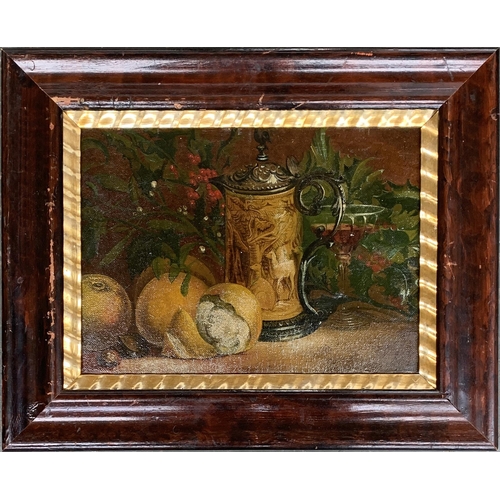 326 - A 20th century still life depicting tankard, holly, oranges and mistletoe, oil on board, 19.5x26.5cm