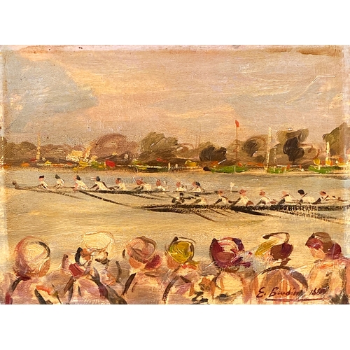 321 - Eugene Louis Boudin (French, 1824-1898), 'La Regate', impressionist oil on board depicting a regatta... 