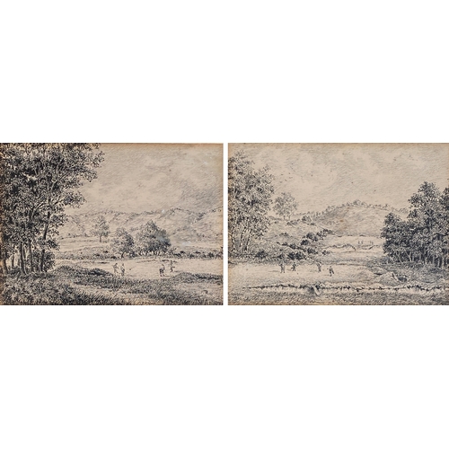 271 - A pair of early 20th century pen and ink drawings of men playing golf within a country landscape, si... 