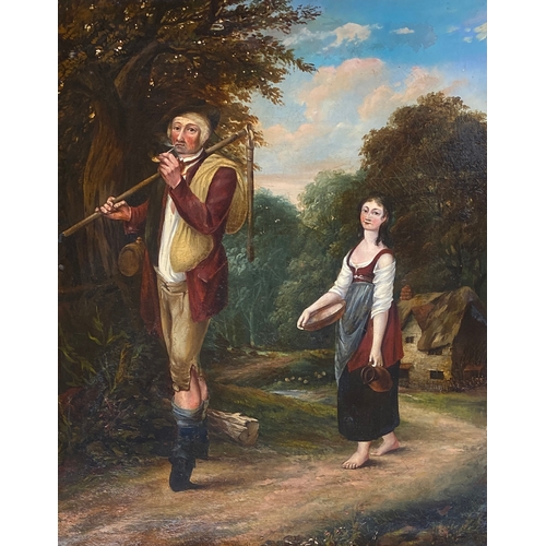 304 - 18th century oil on canvas, a country gent with pipe and threshing flail, with a barefoot young lady... 