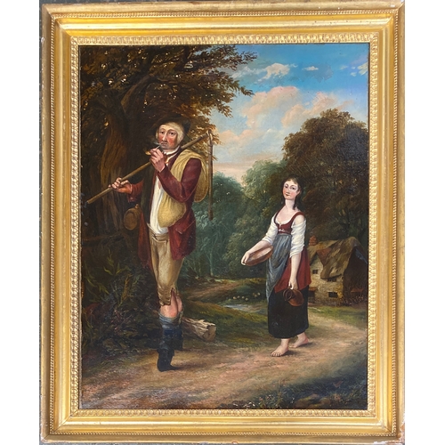 304 - 18th century oil on canvas, a country gent with pipe and threshing flail, with a barefoot young lady... 