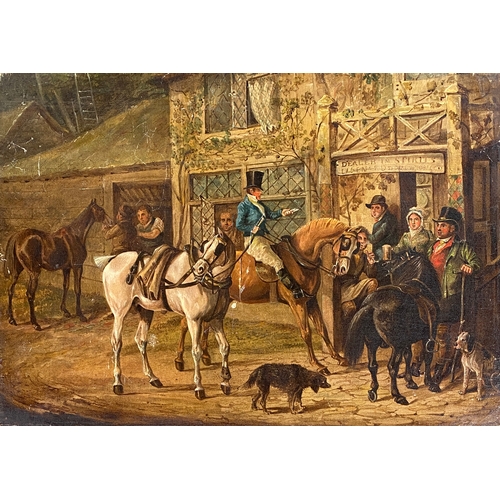 306 - 19th century oil on canvas, figures on horseback outside a public house, 24x34cm

Provenance: privat... 