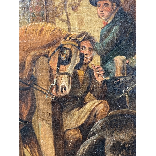 306 - 19th century oil on canvas, figures on horseback outside a public house, 24x34cm

Provenance: privat... 