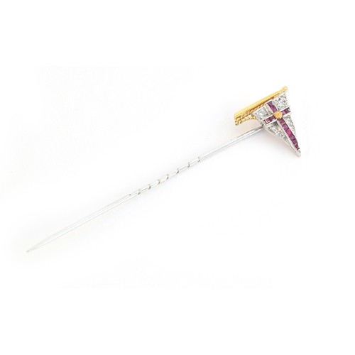 16 - An 18ct white and yellow gold, diamond and calibre cut ruby Royal Yacht Squadron stick pin, 1.5cm wi... 