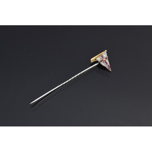 16 - An 18ct white and yellow gold, diamond and calibre cut ruby Royal Yacht Squadron stick pin, 1.5cm wi... 