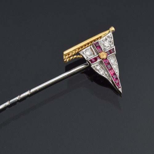 16 - An 18ct white and yellow gold, diamond and calibre cut ruby Royal Yacht Squadron stick pin, 1.5cm wi... 