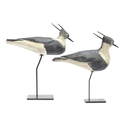 358 - Two 19th century naive folk art decoy lapwings, both mounted on stands, 24cm and 26cm long

Provenan... 