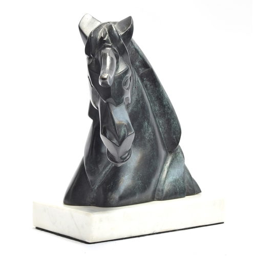 213 - A verdigris patinated stylised bronze bust of a unicorn, on a white marble base, numbered 1/36, indi... 