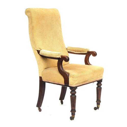 436 - A late Regency rosewood grained upholstered open armchair on brass casters, 56cm wide