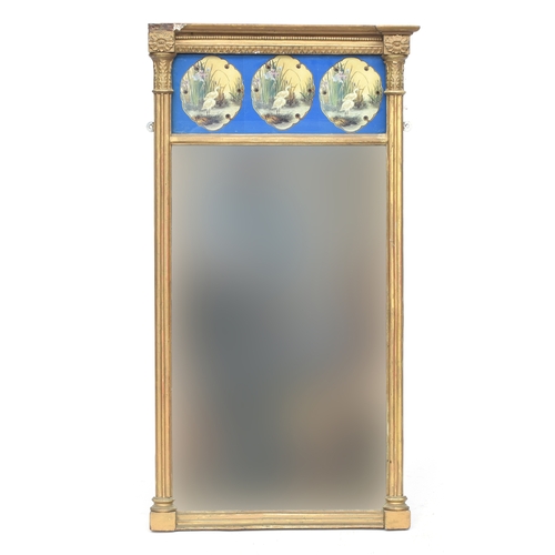 338 - A gilt pier mirror, with top glazed with painted silk panels depicting egrets, 48cm wide, 89cm high