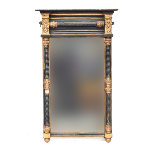 339 - A regency ebonized and parcel gilt pier mirror, with ring turned surround and lotus detail, 50cm wid... 