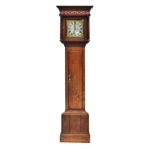 348 - A George III oak longcase clock, the hood with fretwork frieze, unsigned 9