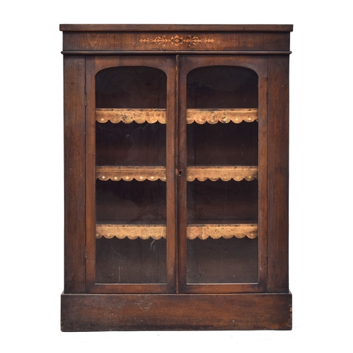 417 - A 19th century glazed mahogany pier cabinet, with marquetry inlay, three shelves with leather skirts... 