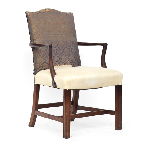 435 - A George III mahogany and upholstered open armchair, with close nailed back, on moulded square secti... 