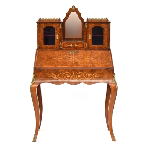 406 - A late 19th/early 20th century burr walnut and marquetry bureau de dame, the superstructure with two... 