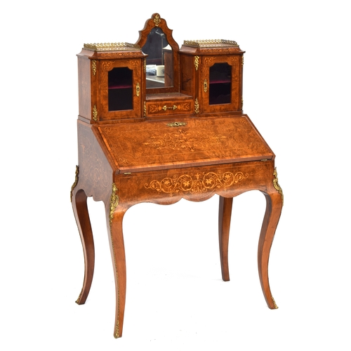 406 - A late 19th/early 20th century burr walnut and marquetry bureau de dame, the superstructure with two... 