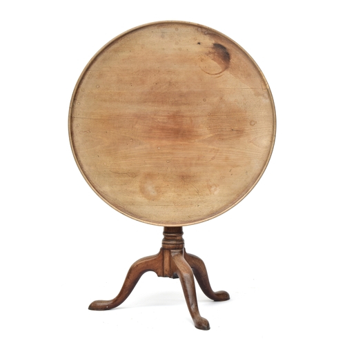 387 - A George III mahogany tripod table, the dished tilt top with birdcage action, on plain turned column... 