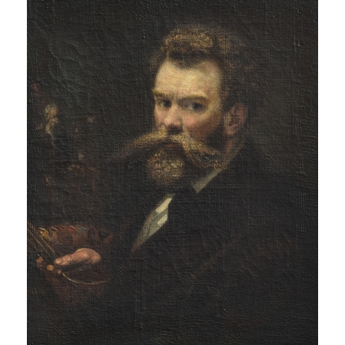 316 - A 19th century oil on canvas, self portrait, bearded man with pallet, 66x56cm