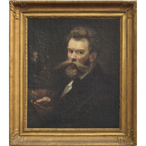 316 - A 19th century oil on canvas, self portrait, bearded man with pallet, 66x56cm