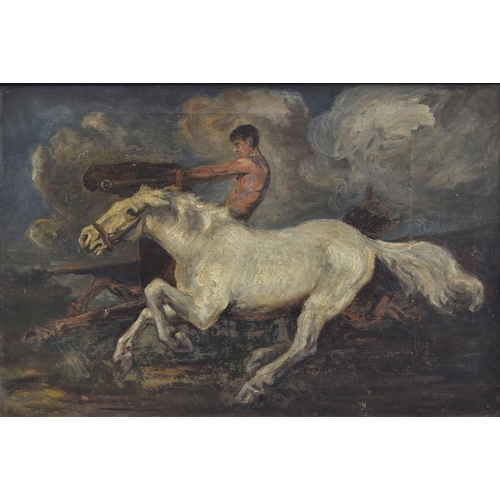 320 - An early 20th century oil on canvas, topless youth with two stallions, bears Christies label to vers... 