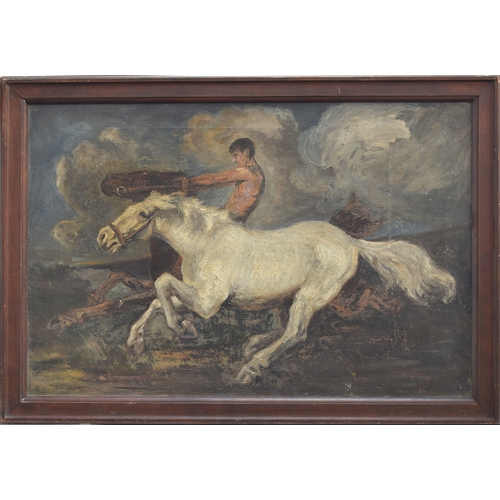 320 - An early 20th century oil on canvas, topless youth with two stallions, bears Christies label to vers... 