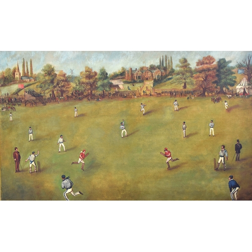 312 - A large 19th century naive oil on canvas, cricket game with spectators, bears Rowley Gallery label t... 